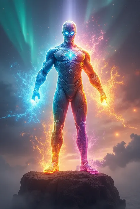 A superhero with translucent crystalline armor that reflects light in rainbow colors, standing on a floating island surrounded by swirling elemental forces (fire, water, air, and earth). Their hands emit streams of combined elements, and their mask glows w...