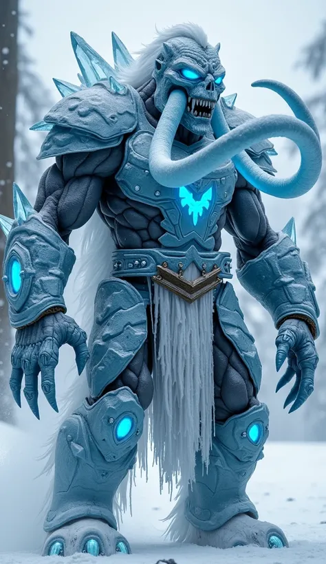 Create a hybrid creature that combines the characteristics of Sub-Zero from Mortal Kombat and a powerful mammoth. The fusion should result in an imposing figure, with a robust humanoid body covered in icy armor that mixes metal plates and crystalline ice t...