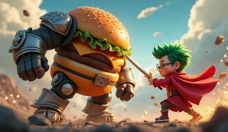 Create a funny 3D image with bright vibrant colors, a soldier in the form of a Fat Burger food and a boy with cute and nerdy soldiers, with big round glasses, spiky bright green hair ((height is the same as the burger soldier)), wearing a red robe ((like a...