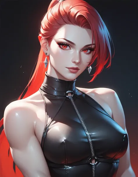 female black sleeveless leather turtleneck, bare shoulders, racerback, bare toned arms, beautiful faces, red ponytail with showing forehead, long ponytail, black earrings, soft smooth skin, pale skin, black background, red eyes, sci-fi, high contrast, assa...