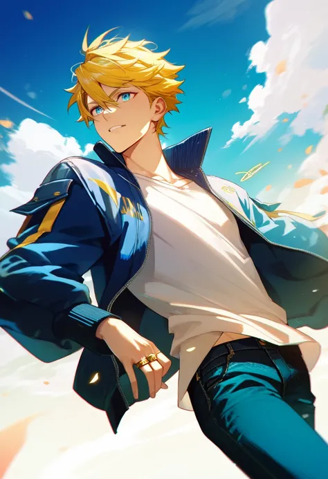 1boy, blue eyes, yellow hair, sky blue jacket, white shirt, jeans, wearing a 14K gold ring