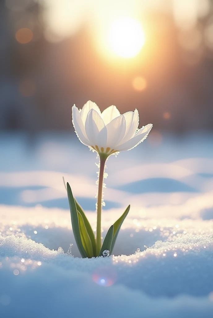 Flower with white petals rising out of the snow with the sun rising in the background