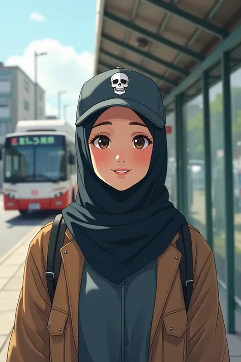  A beautiful 25-year-old Japanese woman wearing a hijab wearing a base ball hat a skull image ,  a slightly chubby womans face smiling sweetly her teeth The woman looking at the camera looks like her whole body is in front of the stop like she is waiting f...