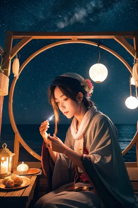 fortune teller、Single、 less exposure、Icon Image、 spiritual、Stagnation、Pull、male、Manga style、 starry sky 、sea、flower、night、