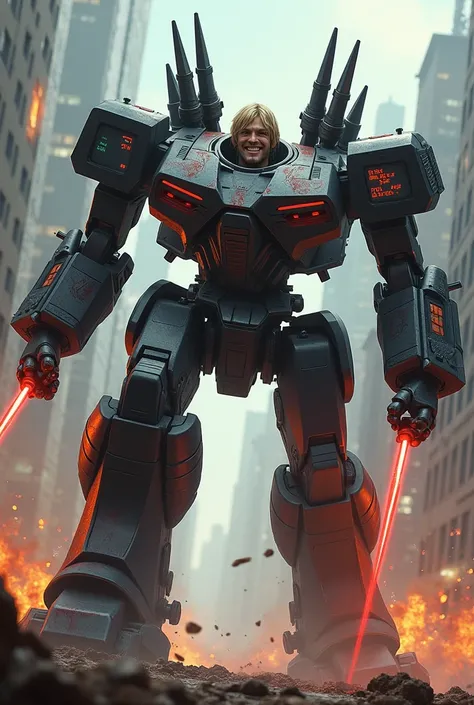 A mech with a male   in it, blonde hair, blue eyes, has a lot of scars, and a revengeful grin on his face, mech is black and red, has rockets and gattling guns on the shoulders and back, and laser blades coming out of the bloody hands, the mech is big, has...