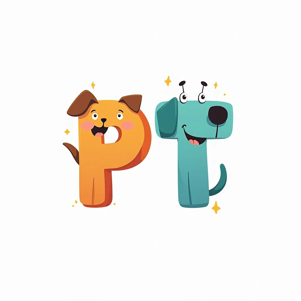 Create a flat vector, illustrative-style lettermark logo design for PetToonNation, using the initials PT stylized with cartoon-like features where each letter resembles different pets, merging both the letters and the playful aspect of pets. Employ bright ...