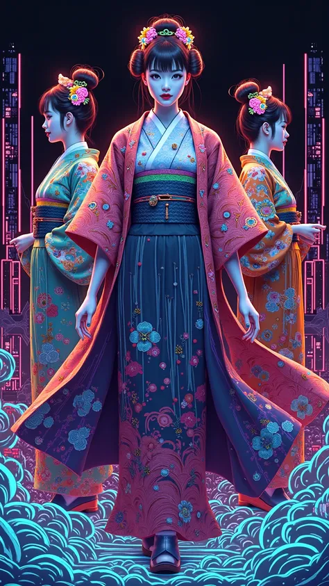 Traditional Japanese costumes,  Katsushika Hokusai style , ( Cyberpunk ) (neon)