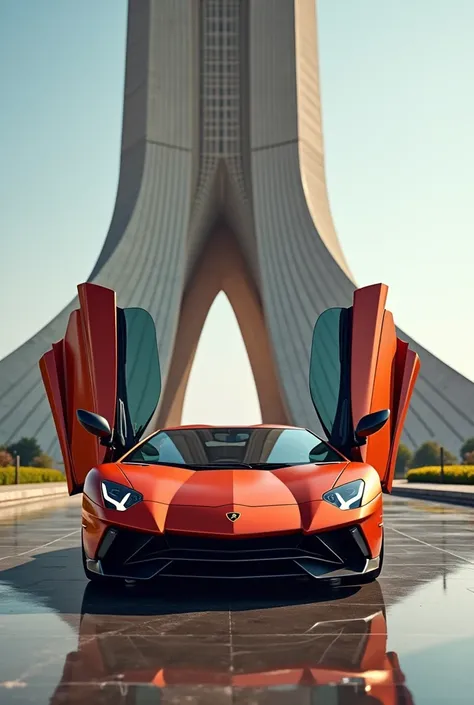 Lamborghini with an open door in front of the Ismoili Somoni landmark in Tajikistans Dushanbe 