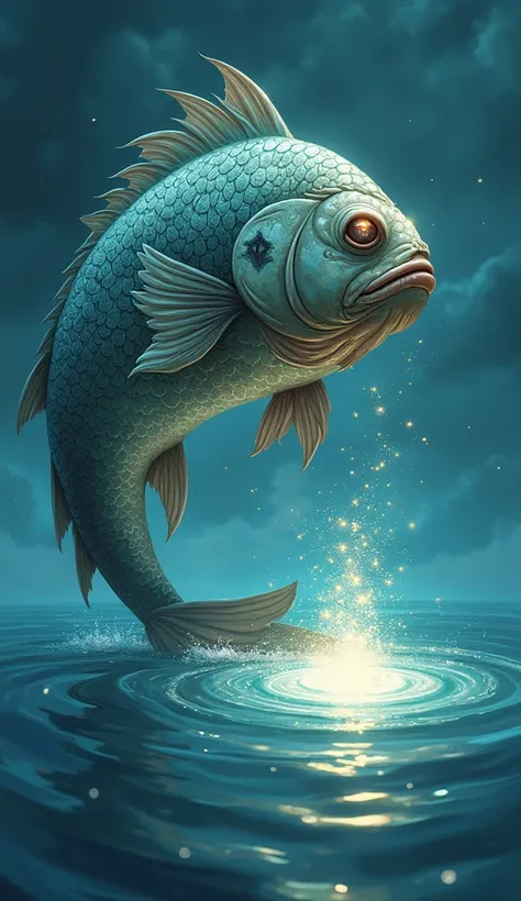 "Illustration of the wise old fish creating a shimmering magical mark on the surface of the Salty Sea."