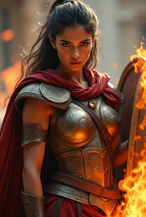 A fierce female warrior in ancient Rome, holding a flaming sword and shield, looking menacing, (best quality,4k,8k,highres,masterpiece:1.2),ultra-detailed,(realistic,photorealistic,photo-realistic:1.37),extremely detailed eyes and face,longeyelashes,detail...