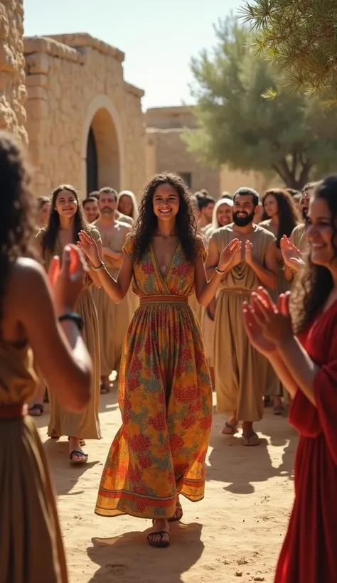 Create an Ultra-realistic style wide shot of a joyful gathering of people in an Ancient Israelite village. A young woman, mid-20s, in a colorful dress, is dancing with a , surrounded by others clapping and laughing. The setting includes rustic stone houses...