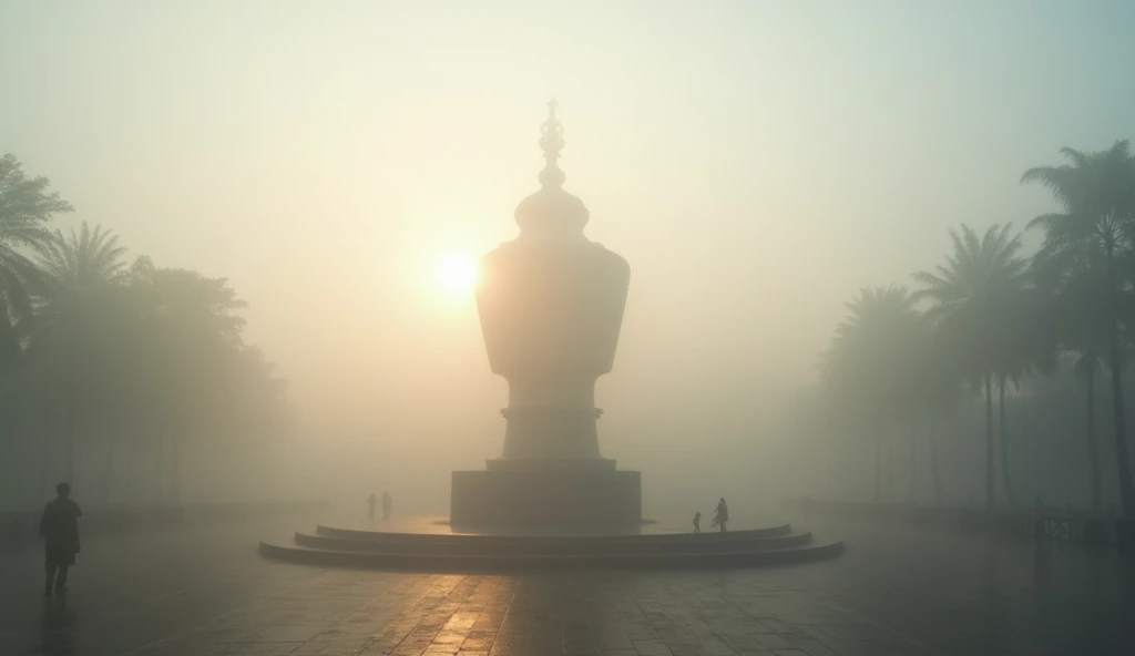 A foggy winter morning in Dhaka, Bangladesh, showcasing the iconic Shapla Chattar at the center. The sculpture is partially veiled by dense mist, with soft sunlight filtering through, creating a serene and atmospheric glow. The surrounding area is quiet, w...