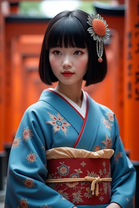 ( best quality,4K,8k, high definition ,masterpiece:1.2), Very detailed,(Realistic,photoRealistic,photo-Realistic:1.37),Maiko,（ full body）、Textured straight ultra-short bob haircut、Nipples、Small breasts、A frosty gaze 、 perfect anatomy 、 depth of writing、blu...