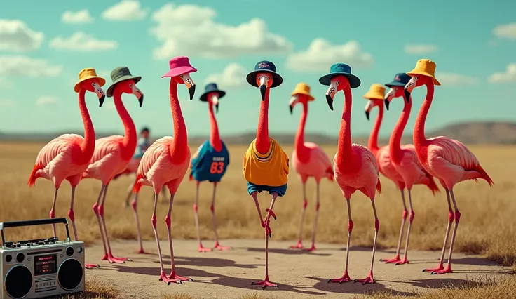 Flamingos wear gear and bucket hats from famous sports manufacturers、 s breakdancing in front of them forming a circle 、 Surreal Photos 。Theres a boom box in the corner 。 savanna