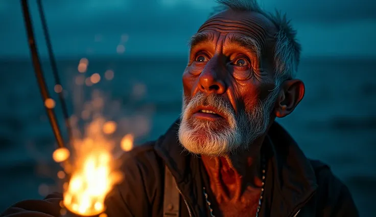 Award-winning portrait shot of the upper body of an old sailor screaming,  eyes looking up , (bokeh:0.7),  side lighting, (wrinkled face in detail:0.7), Telefoto, Outside, torch, Fluorescent atmosphere, Oceanic Night Exterior , realistic, Intricate details...