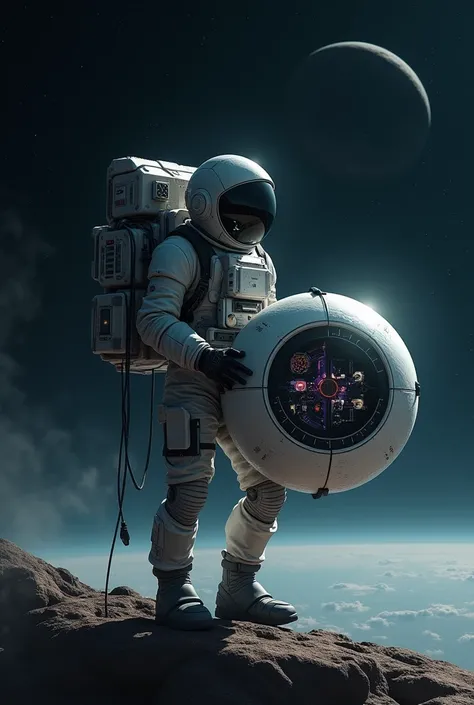 A man wearing a spacesuit and carrying a large globe with special cases inside it