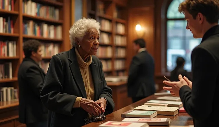 An elderly African American woman, dressed modestly in an old coat holding a small handbag, stands at the counter of an upscale bookstore. Her expression is calm but subtle, conveying frustration and dignity as a young white male clerk, with a disdainful s...