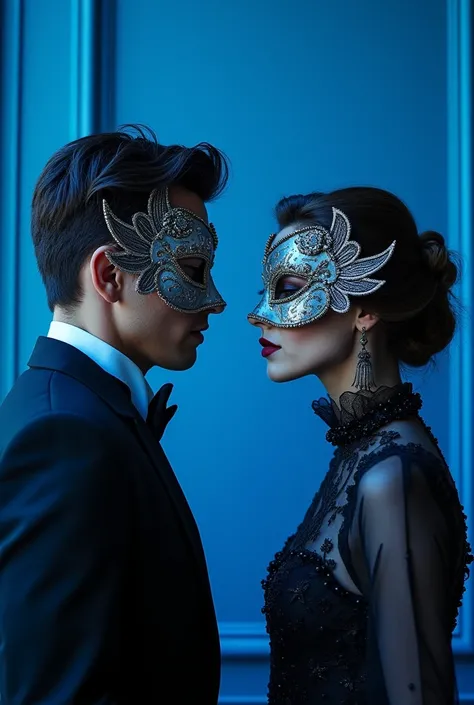 Masquerade mask couple behind blue wall
Photo 
