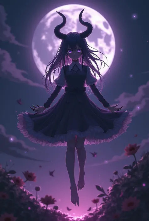 Anime girl with dark moon medal who change him a purple evil devil with Levitation 