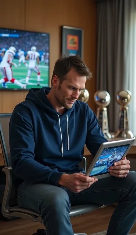 Tom Brady reviewing game footage on a tablet in a modern office, surrounded by trophies.