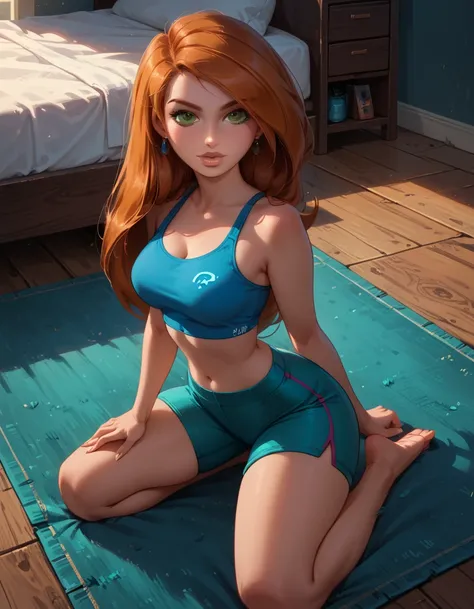 core_9, score_8_up, score_7_up, score_6_up, rating_questionable, 1girl, solo, beautiful waifu, (thicc, plump butt, thick thighs:1.2), (Kim Possible:1.4), wearing (tiny yoga shorts and yoga top, bare shoulders, bare arms, midriff, barefoot:1.2), (beautiful ...