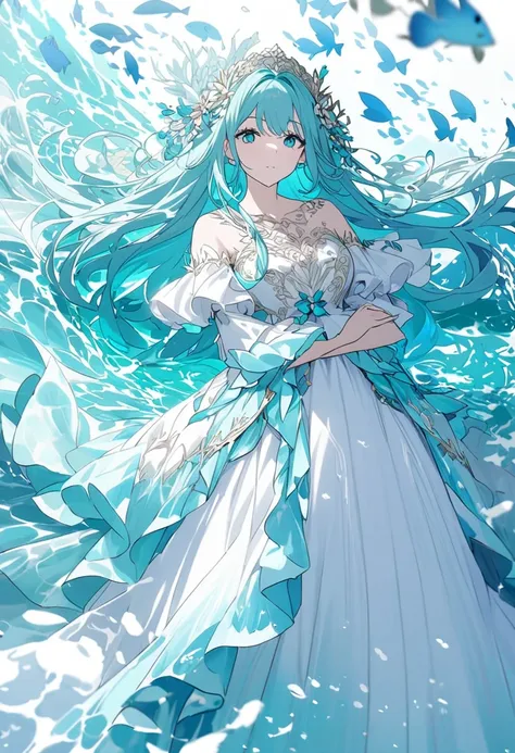 A beautiful lady gracefully floating inside the water, beautiful dress, long turquoise hair, fishes all around her