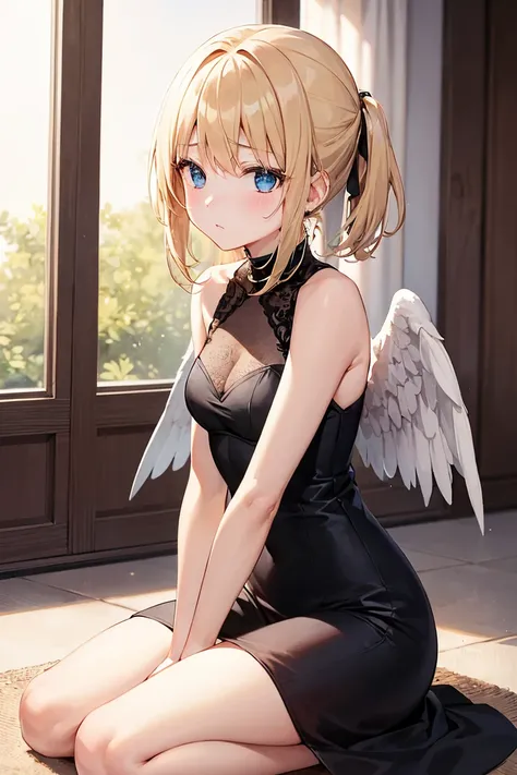  1 girl,  turning your gaze , Blonde,  blue eyes, bangs,  Ring of Angels ,  best quality,  yandere、Laziness、 broken angel wings、Spines 、 Rose、 sitting around 、 Tired look, Im sick Im sick, Offer a prayer 、
 cross Black dress, Dont expose yourself, prayer, ...