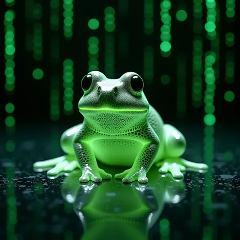 frog, A detailed depiction of the shiki fuujin seal in a digital matrix environment, with green binary code streaming in the background. The seal is rendered in intricate patterns, glowing softly. Light reflects off the surface creating a high-tech atmosph...