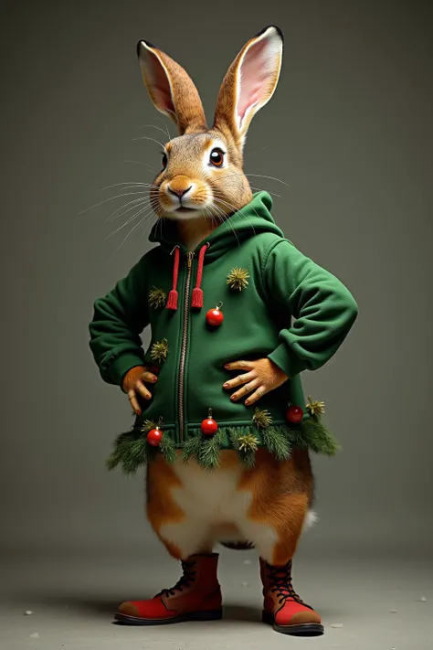 photorealistic portrait of Dressed animals - a ((fat)) (hare) performer,(Art by Noah Bradley:1.2),(Christmas theme),(cute),(happy smile:1.2), (elegant),(hands on hips:1.5), high quality,(lovely) ,(highly detailed Christmas tree costume:1.5),Christmas motif...