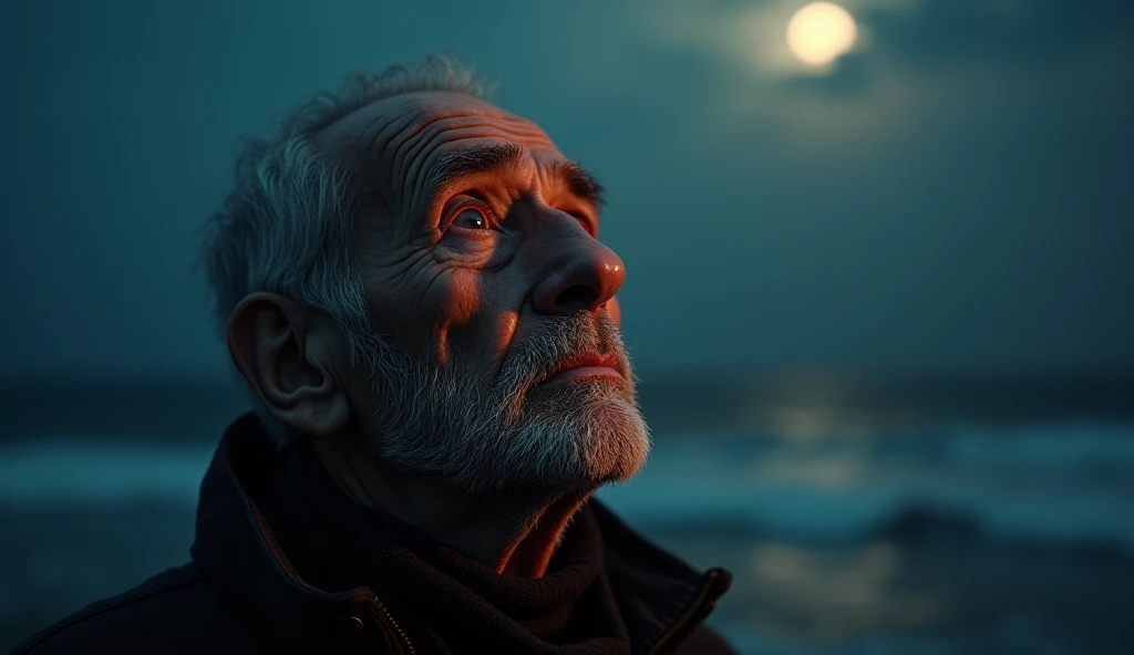 award winning upper body portrait photo of sad old man, eyes looking up, (bokeh:0.7), side lighting, (wrinkled face in detail:0.7), telephoto, moonlight, torch, gritty atmosphere, ocean night exterior, realistic, intricate details, true aged skin texture