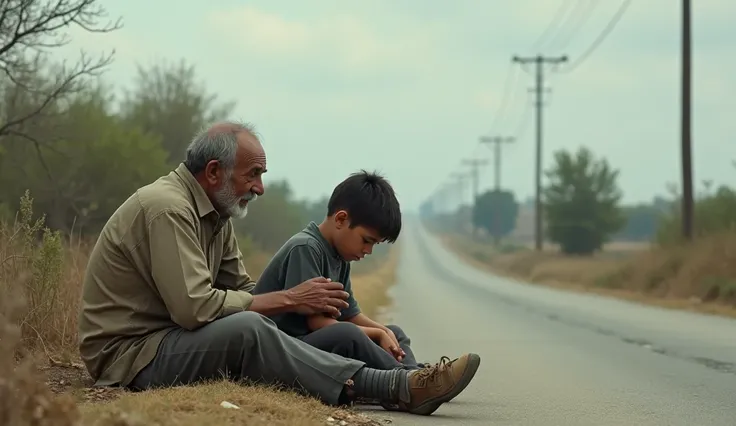 A  with his uncle on the side of the road is sad