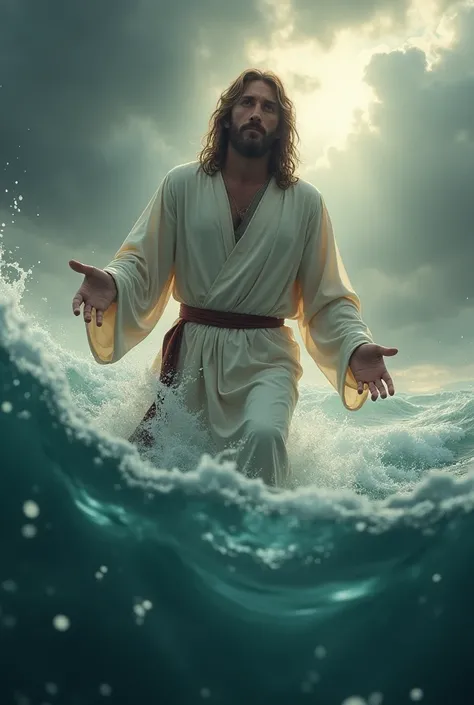 Hazel eyes realistic biblical Jesus Christ calmly super detailed  photorealistic photography walking on top of water in storm to camera realistic hand reaches out grabing hand firmly pulling you out of waters view under water