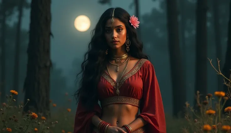 HD cinematic image of "yakshini, stands in the foreground, her glowing bronze-toned skin shimmering softly in the moonlight. Her almond-shaped eyes, outlined with subtle kohl, fuller chest, her lips slightly parted in mid-sentence. Her long, wavy jet-black...