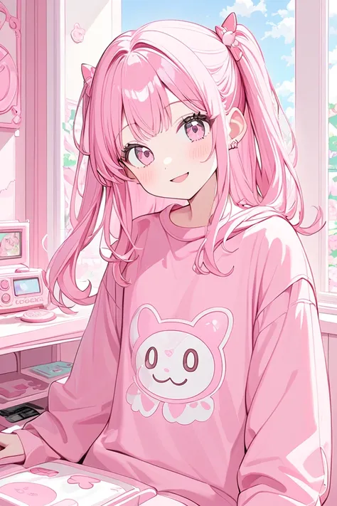 Light pink long hair，  pink and white sweatshirt，Pink Eye，pink headphones ，Hair Pink ,  Pink Eye ,   girl,   happy  ,   smaller, cute, Big shirt, cuteピンクコンピューター, pink display   、cuteゲーミング, cuteRGBライト, cuteピンクヘッドホン, cuteコンピューター ピンクbacground　 cute pink and w...