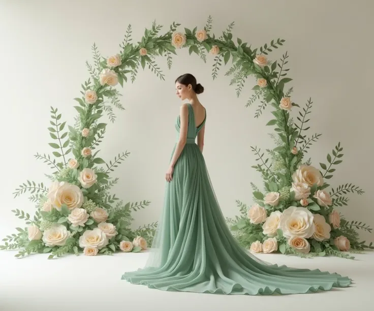 araffe woman in a green dress standing in front of a white backdrop, a digital rendering by Marie Angel, trending on cg society, baroque, soft elegant gown, pastel green, full body photoshoot, full body green dress, sage green, jade green, sea green color ...