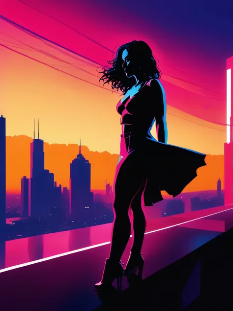 Heroine, silhouette against neon skyline, high contrast colors, reminiscent of the work of Frank Miller