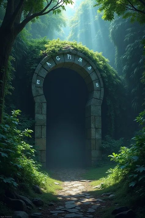 An ancient cave entrance surrounded by dense jungle, with mysterious inscriptions glowing on the stone arch, and an eerie, dark atmosphere with faint light rays peeking through the trees."