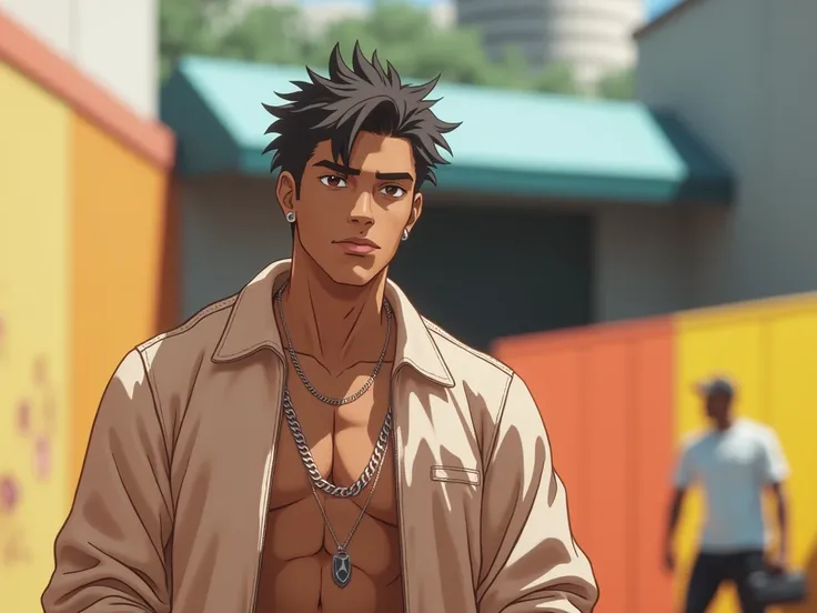  The male anime avatar you describe has a relaxed vibe full of attitude.  He has medium-toned black skin ,  with short dark hair ,  maybe a little messy ,  giving an air of carefree ,  but still with style .  Her eyes are dark brown ,  with an intense look...