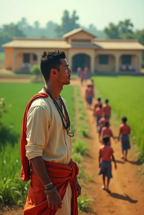 Ronaldo introduces modern farming techniques, builds irrigation systems, and opens a school for ren.ronaldo dress is indian farmer dress and baground in school and chidren going to school and ronaldo long distance look rens,, dron image
