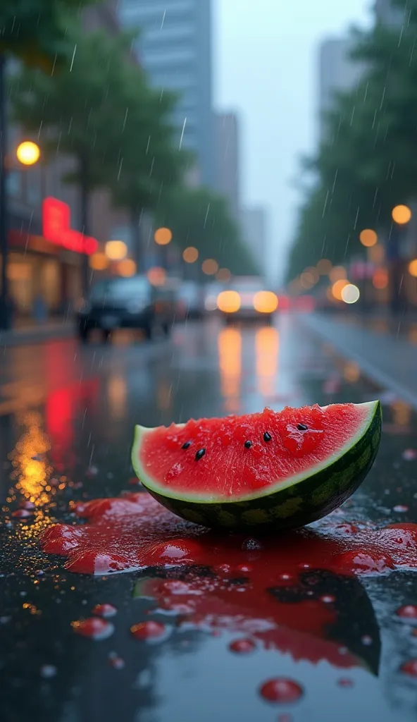 a rainy, dreamlike scene inspired by makoto shinkai's signature style: a watermelon shattered on wet pavement, its vibrant red f...