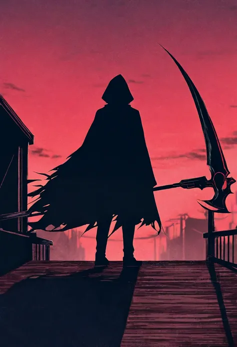 A Boy with a Gloomy Atmosphere, crimson sky,  station platform, Scythe, hooded black cloak