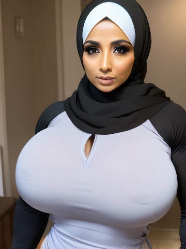 Bodybuilder, 45 Year old conservative muslim woman, Arabian, mother, wife, sexy, beautiful, White Hijab, perfect tight round shaped 