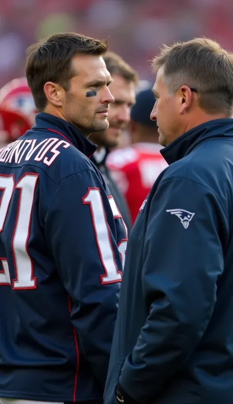 Tom Brady strategizing with coaches on the sideline, looking intense and focused.