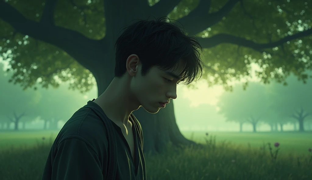 Sad young man background green tree 