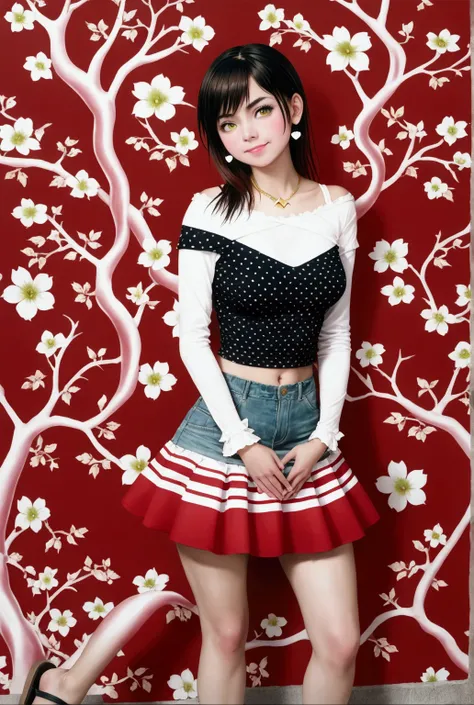 young woman, standing posed, tree and flowers on background, (+parted bang, shoulder-length straight hair, black hair), black and white 3/4  sleeves boat neck shirt, black camisole straps, blue-gray denim pencil mini skirt with white and red ruffle hem, sa...