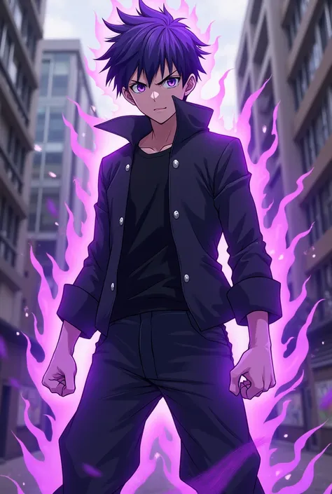 A very tall teenage boy with short spiky violet hair and piercing violet eyes, thin fit male build, dressed in a black jacket with asymmetrical brim and long sleeves and a high collar and two buttons on the left side, in black loose pants, and in black sho...