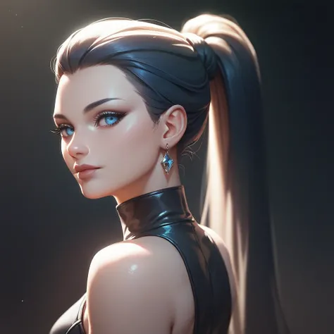 female black sleeveless leather turtleneck, bare shoulders, racerback, bare toned arms, beautiful faces, black ponytail with showing forehead, long ponytail, black earrings, soft smooth skin, pale skin, black background, blue eyes, sci-fi, high contrast