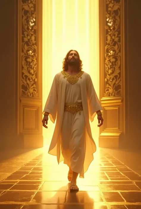 Jesus goes out through a giant golden door through a golden sidewalk too Jesus is tall and strong shoulder-length hair full beard he is smiling with white and gold robes a golden bracelet and a golden crown Jesus is walking with strong steps along this sid...