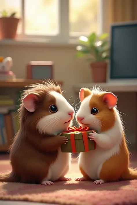  guinea pigs love each other very much and one gave her a computer and a monitor, the other guinea pig is very happy,  make one pig with long brown hair ,  and another with short ones ( like a boy )