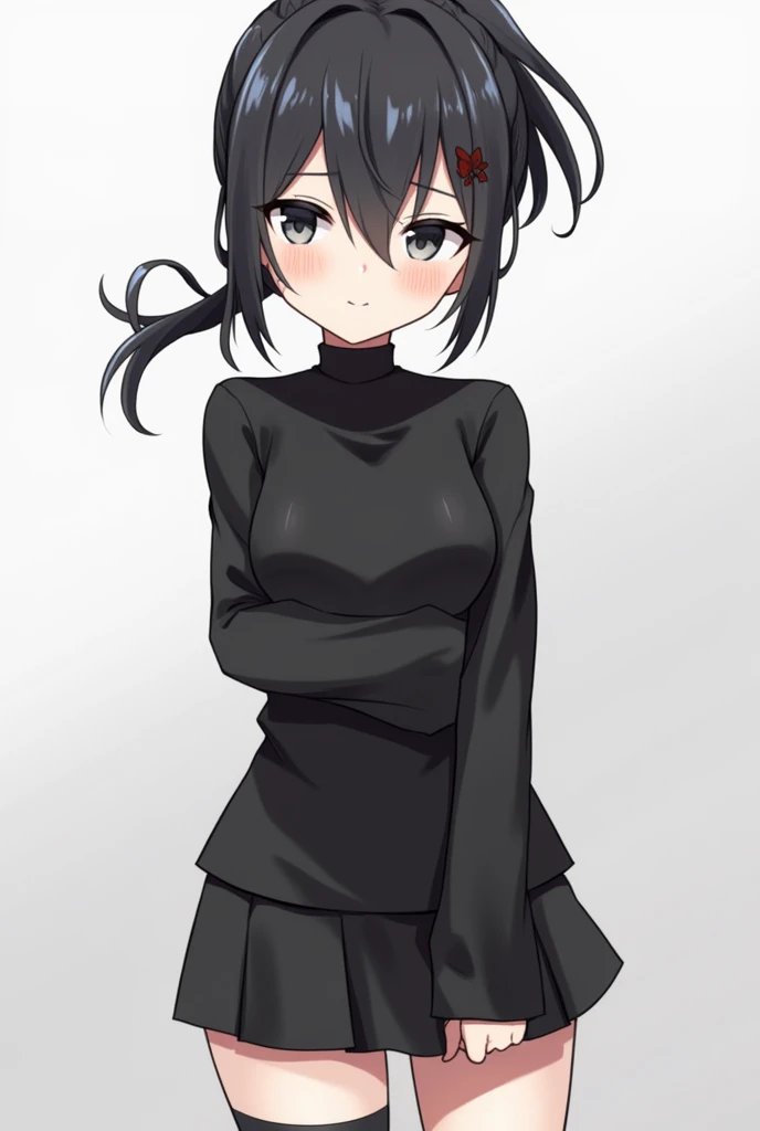 a girl 18 years old, wearing black short, grey eyes, black and long hair. Breasts, Bangs, Ponytail, Ponytail, Bangs, Black Hair, Hair Between Eyes, Ponytail, Side Ponytail, High Ponytail, Short Ponytail, Smirk, Serious, Yandere, Yandere, Tsundere, ai reali...